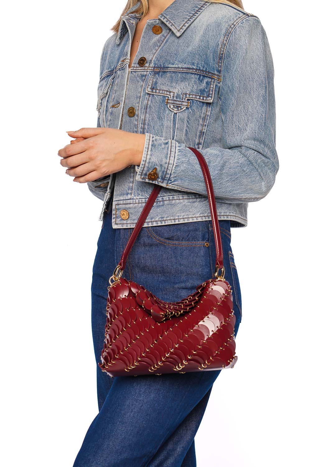 Rabanne Burgundy Leather Disc Shoulder Bag