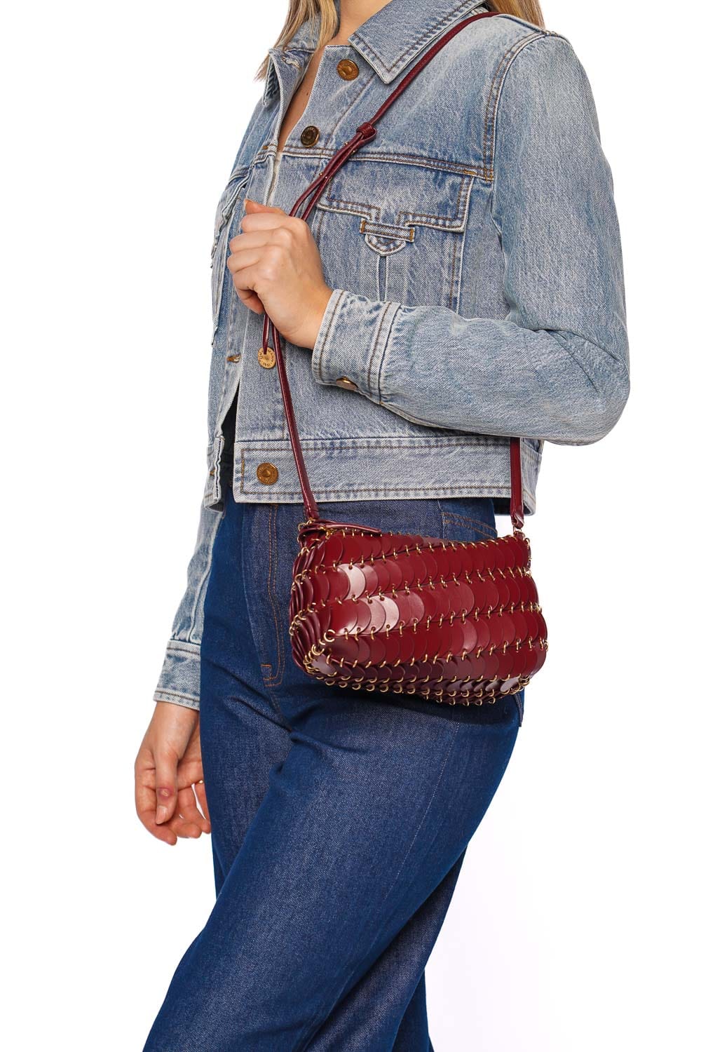 Rabanne Burgundy Leather Disc Crossbody Bag