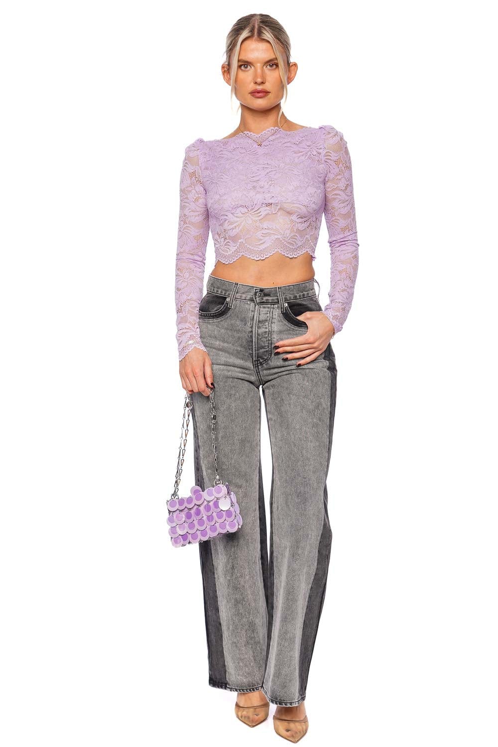 Rabanne Lavender Long Sleeve Scallop Lace Top