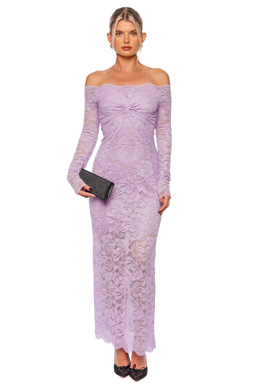 Rabanne French Lavender Off Shoulder Lace Maxi Dress