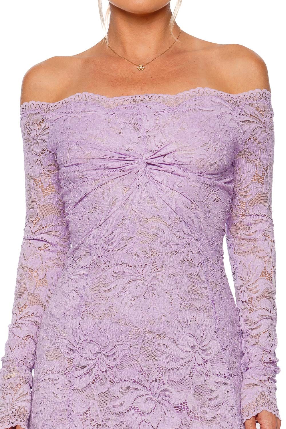 Rabanne French Lavender Off Shoulder Lace Maxi Dress