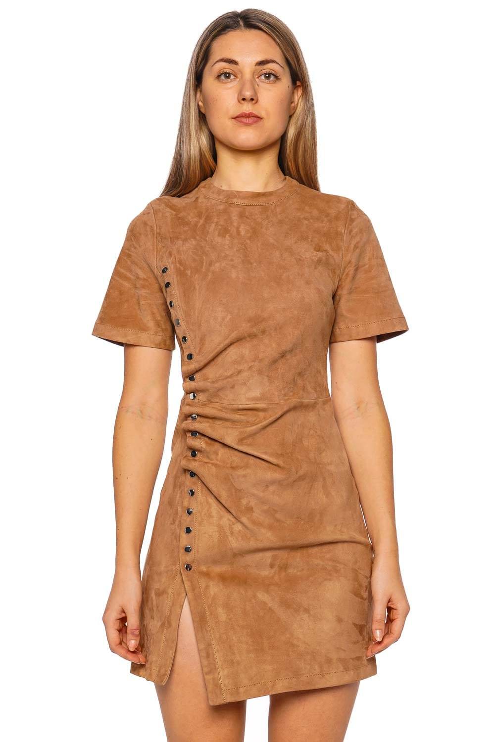 Rabanne Caramel Suede Leather Buttoned Mini Dress