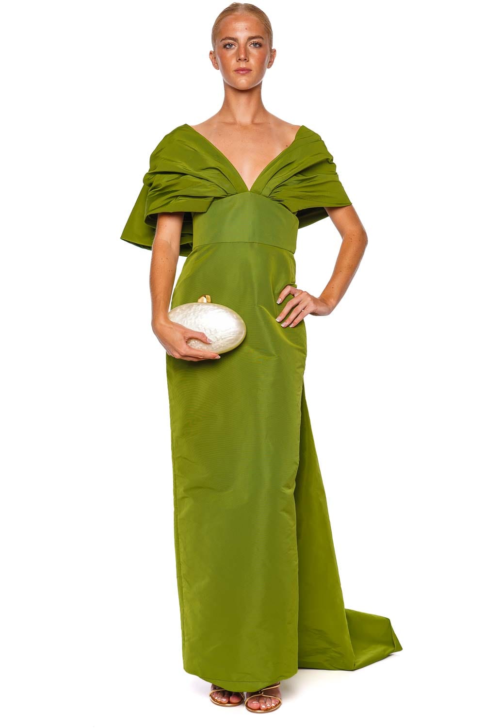 Marchesa Olive Bow Taffeta Column Gown