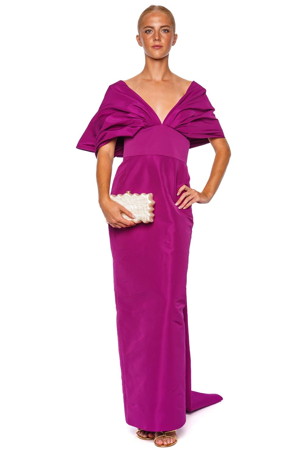 Marchesa Raspberry Bow Taffeta Column Gown