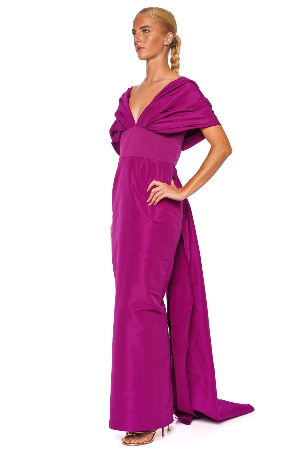 Marchesa Raspberry Bow Taffeta Column Gown