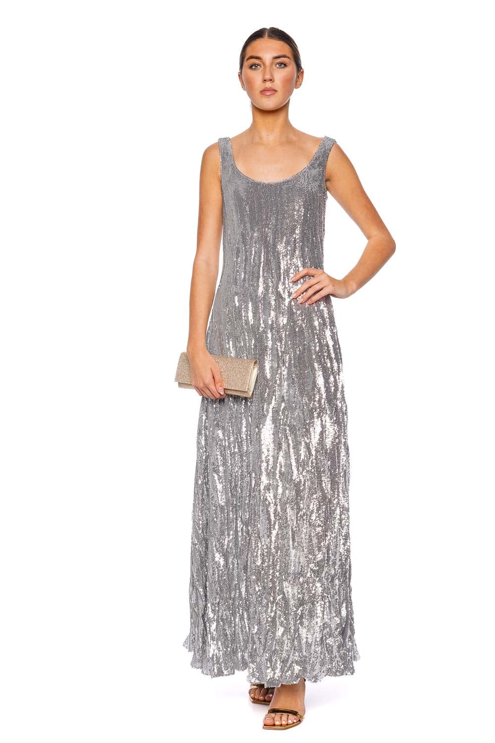 Marmar Halim Silver Sequin Crinkled Silk Gown