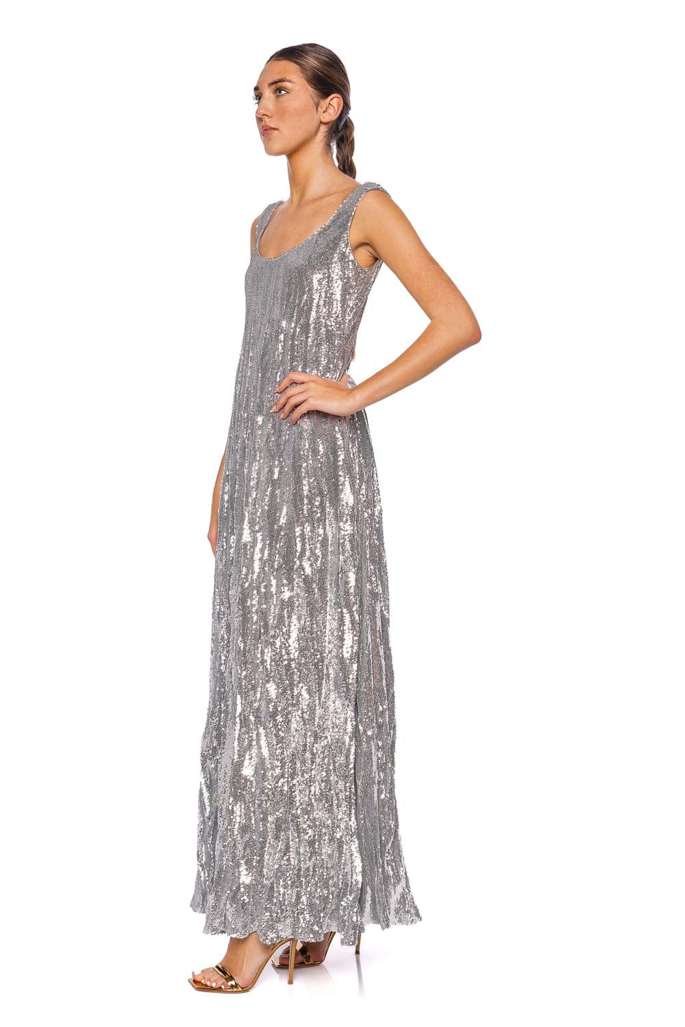 Marmar Halim Silver Sequin Crinkled Silk Gown