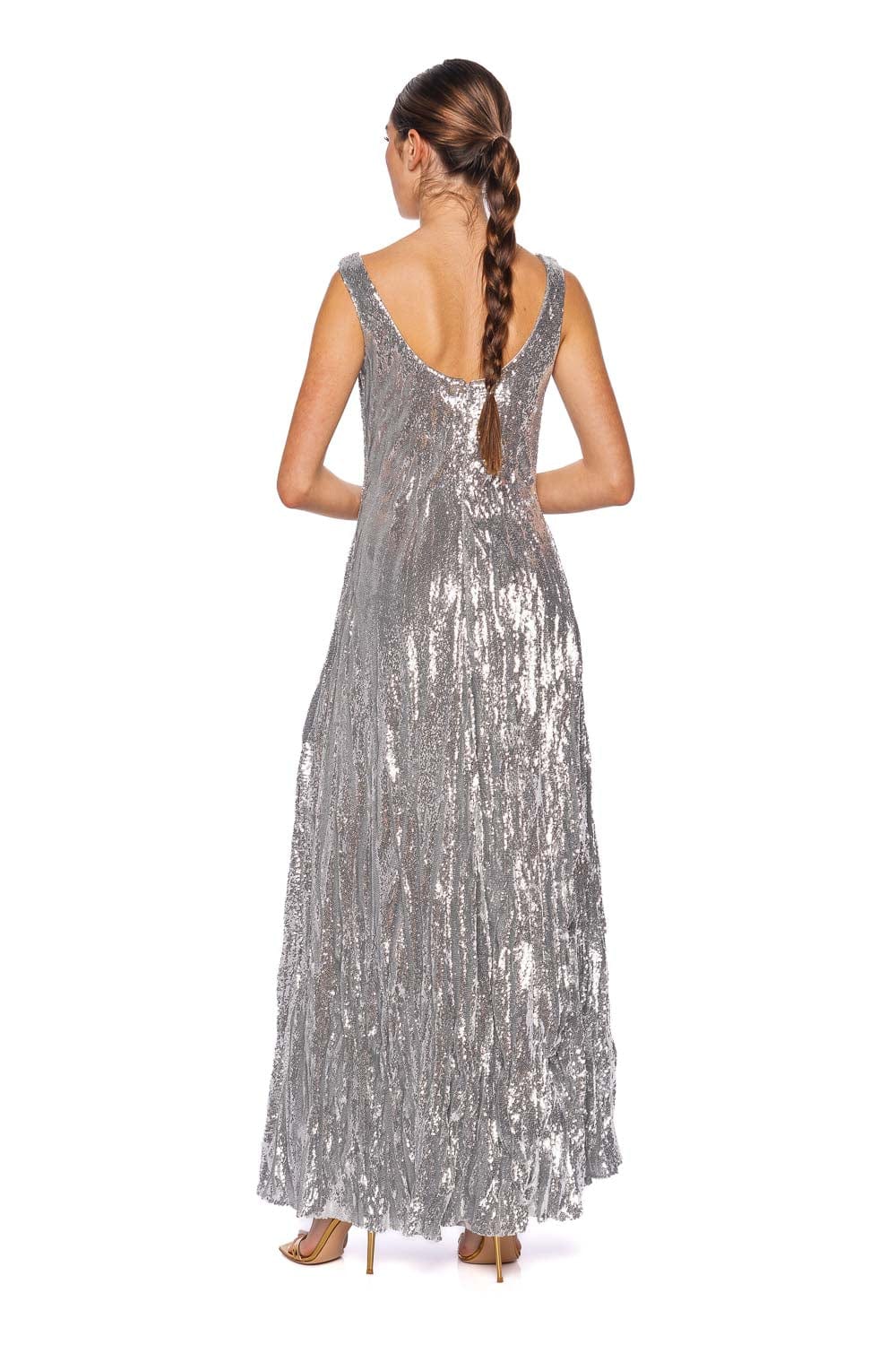 Marmar Halim Silver Sequin Crinkled Silk Gown