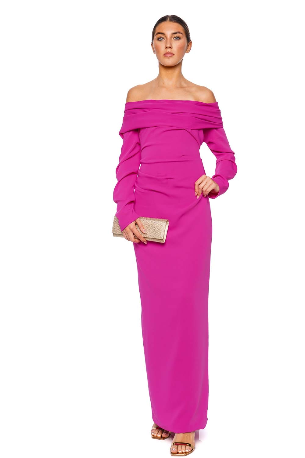 Marmar Halim Fuchsia Long Sleeve Draped Crepe Gown