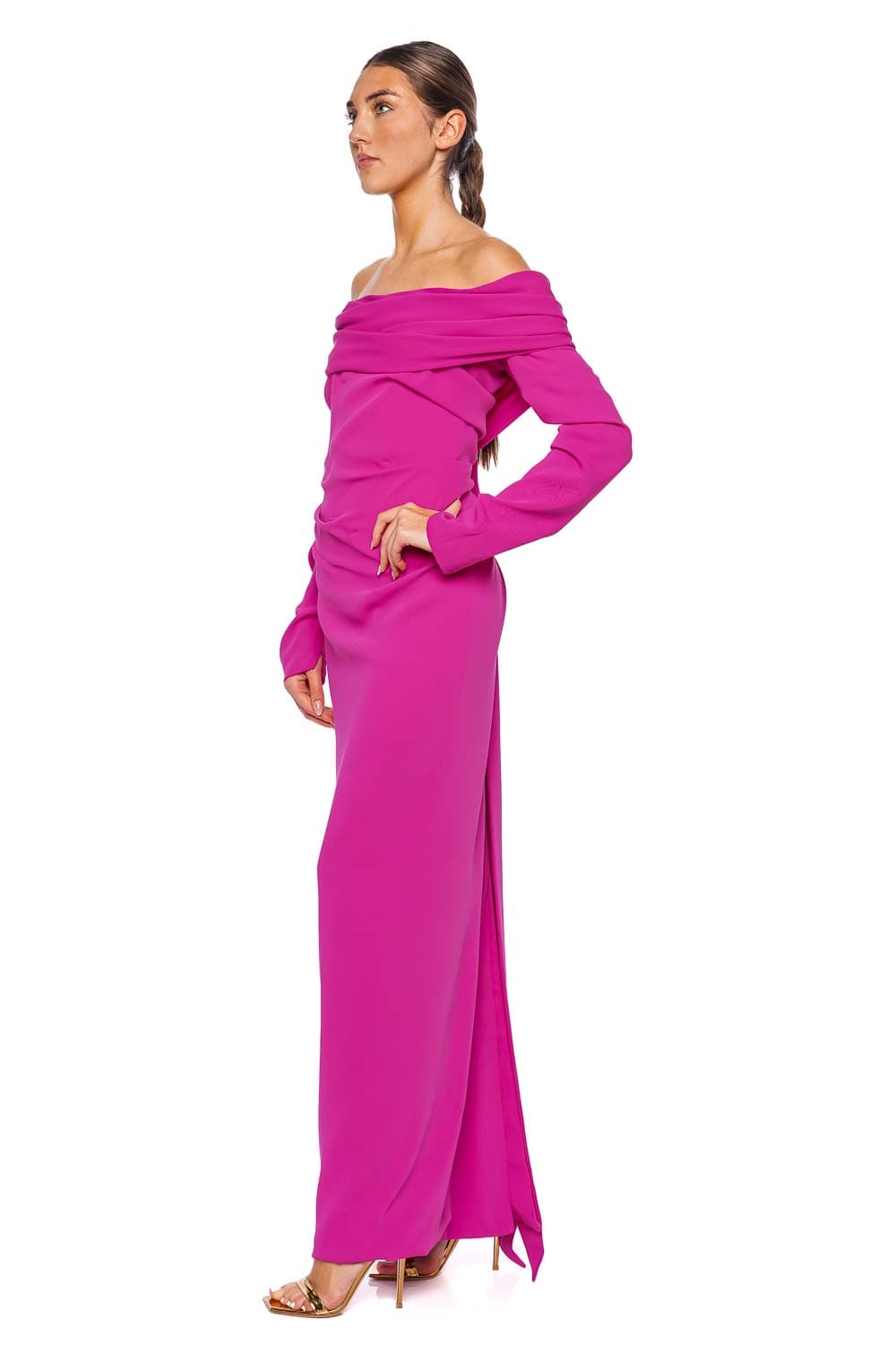 Marmar Halim Fuchsia Long Sleeve Draped Crepe Gown