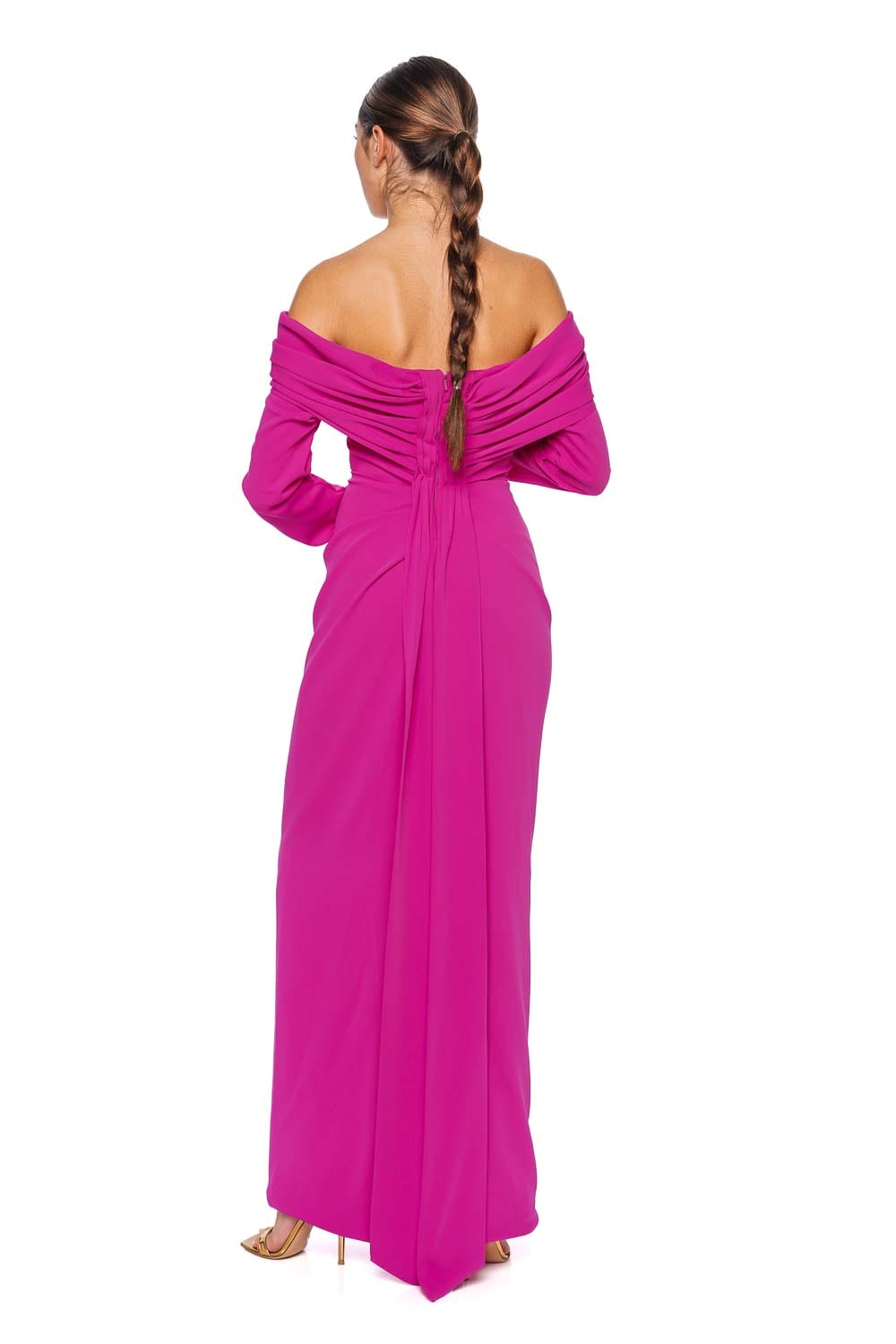 Marmar Halim Fuchsia Long Sleeve Draped Crepe Gown