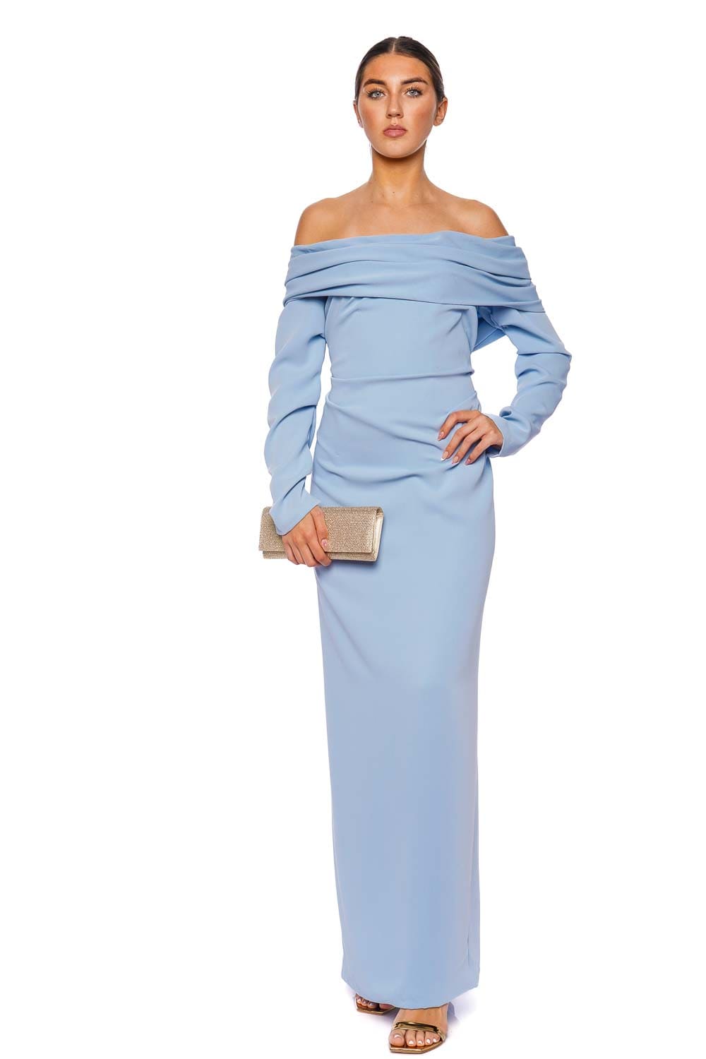 Marmar Halim Blue Long Sleeve Draped Crepe Gown