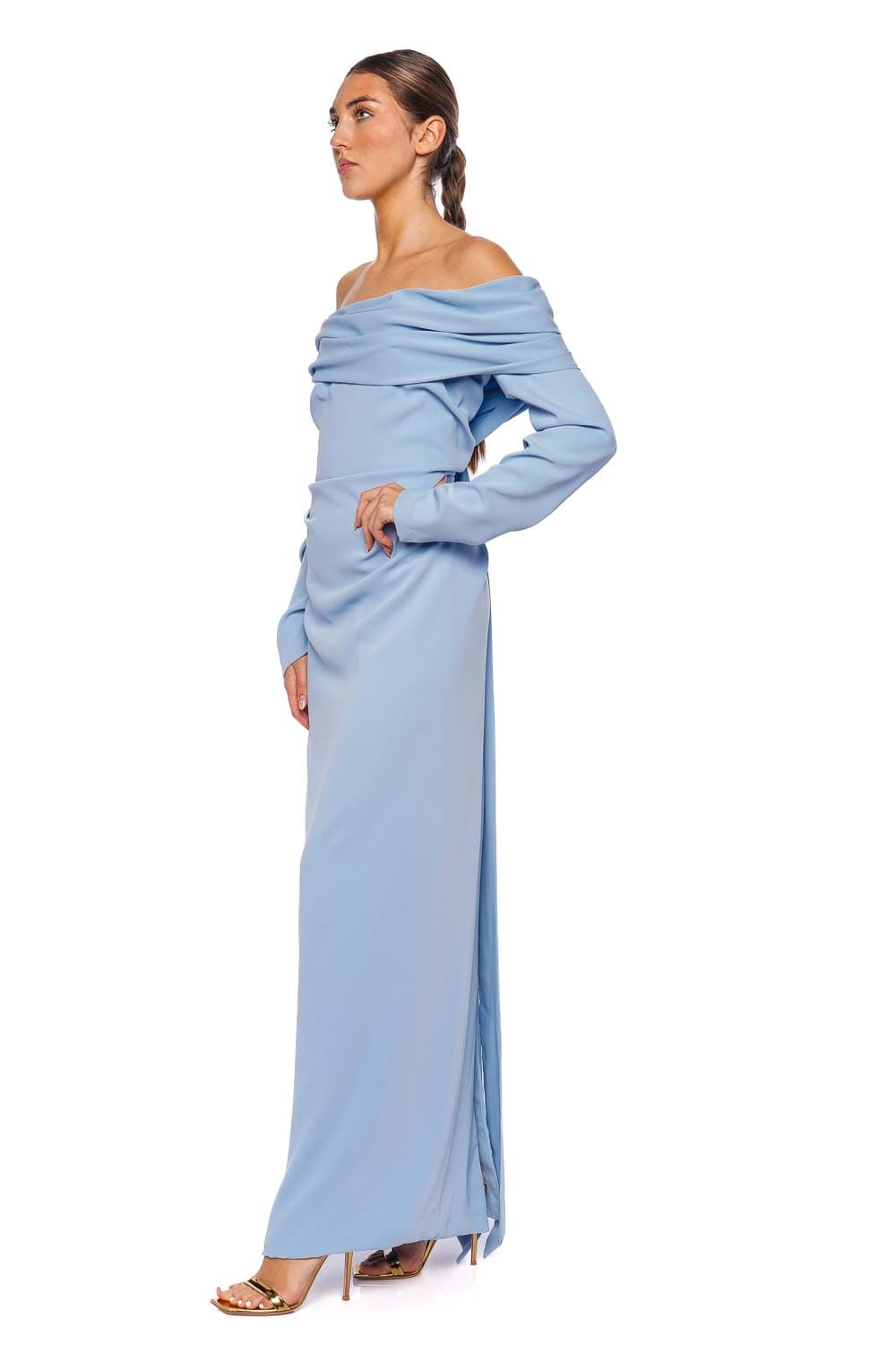 Marmar Halim Blue Long Sleeve Draped Crepe Gown