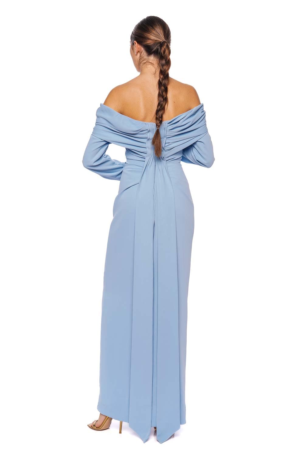 Marmar Halim Blue Long Sleeve Draped Crepe Gown