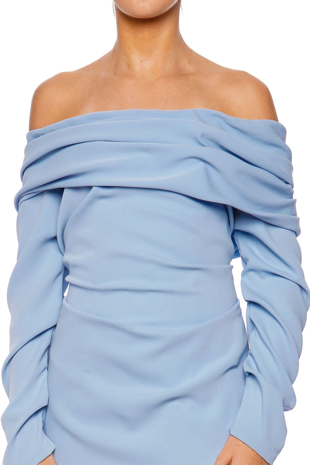 Marmar Halim Blue Long Sleeve Draped Crepe Gown