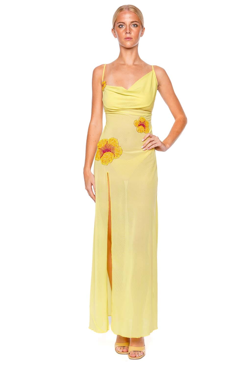 Leslie Amon Galli Draped Hibiscus Maxi Dress