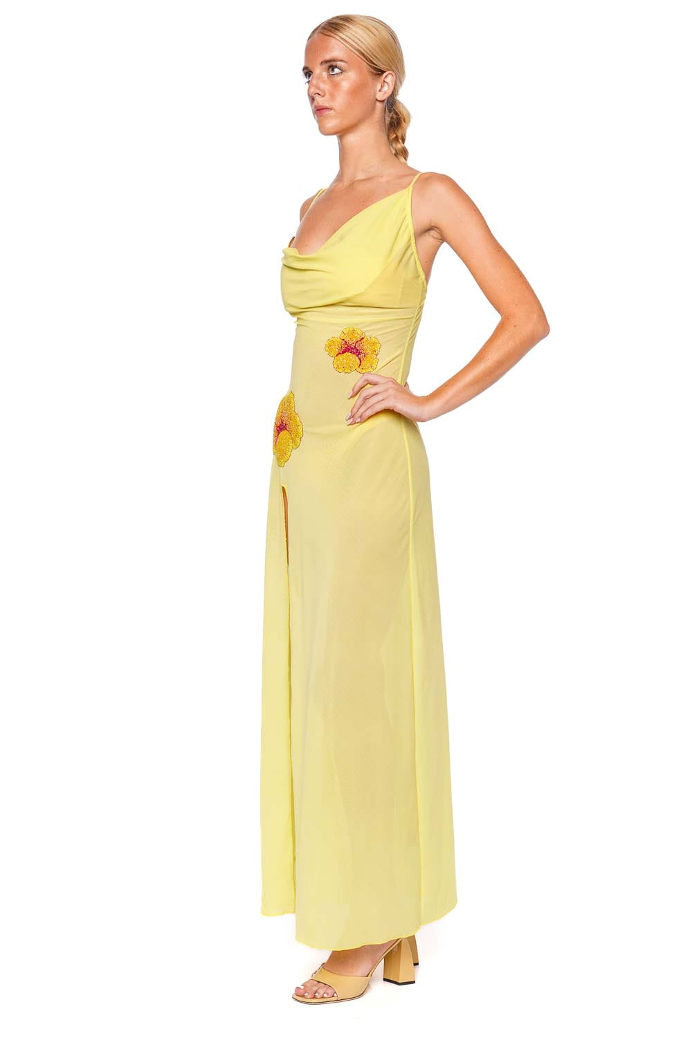 Leslie Amon Galli Draped Hibiscus Maxi Dress