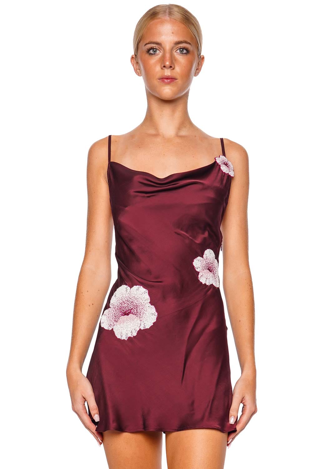 Leslie Amon Galli Plum Hibiscus Draped Mini Dress