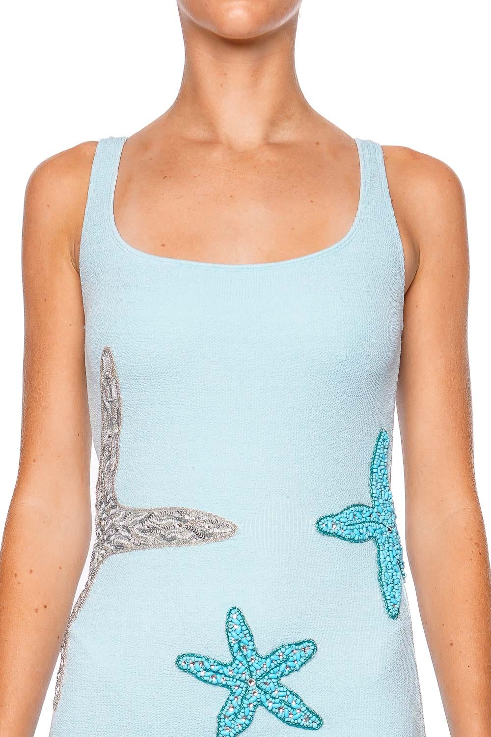 Leslie Amon Blue Starfish Embroidered Ruffle Mini Dress