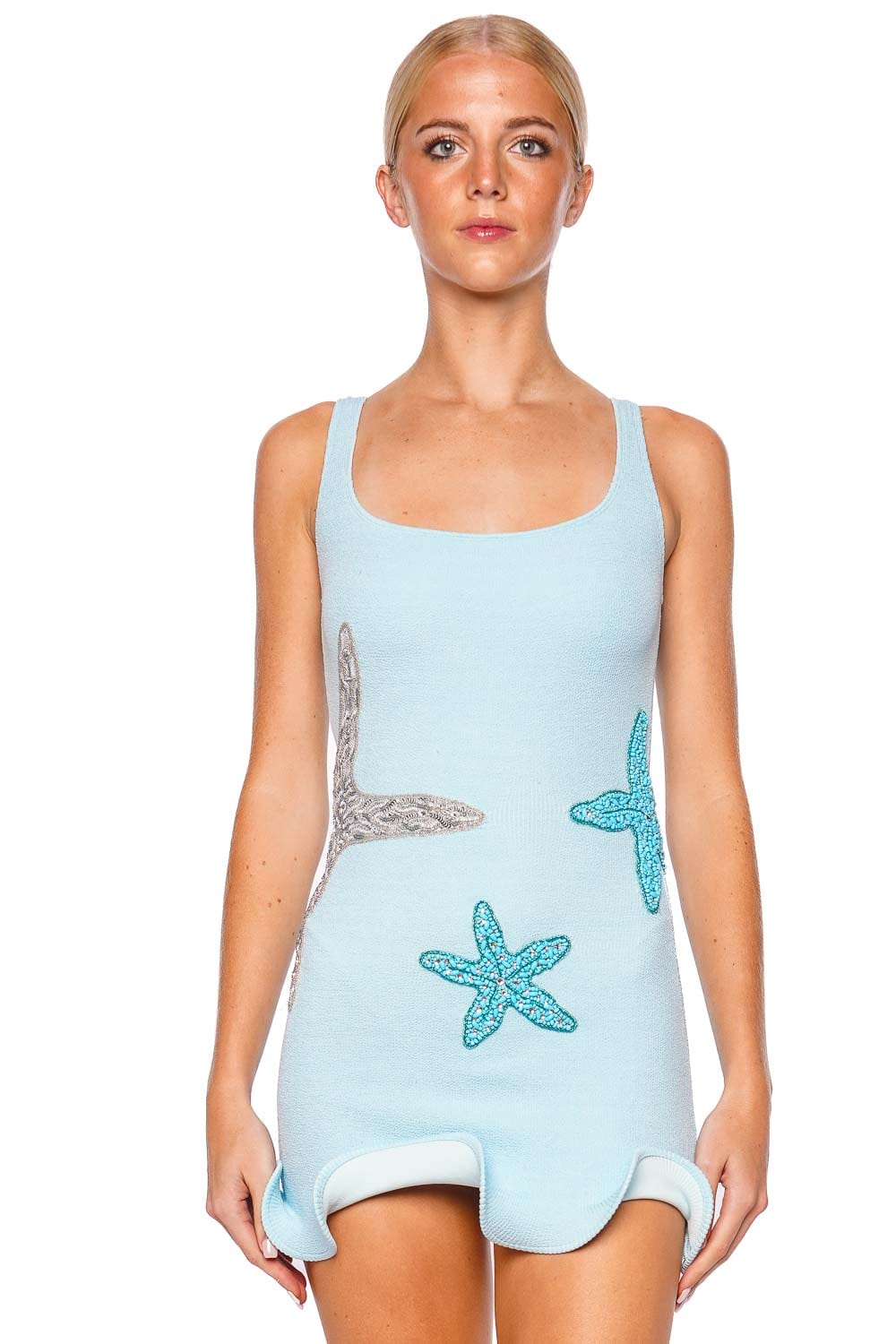 Leslie Amon Blue Starfish Embroidered Ruffle Mini Dress