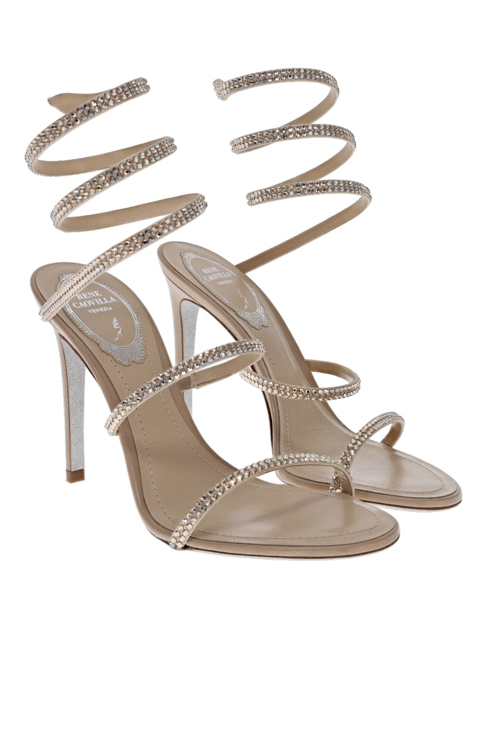 RENE CAOVILLA Cleo Beige Satin Crystal Sandal