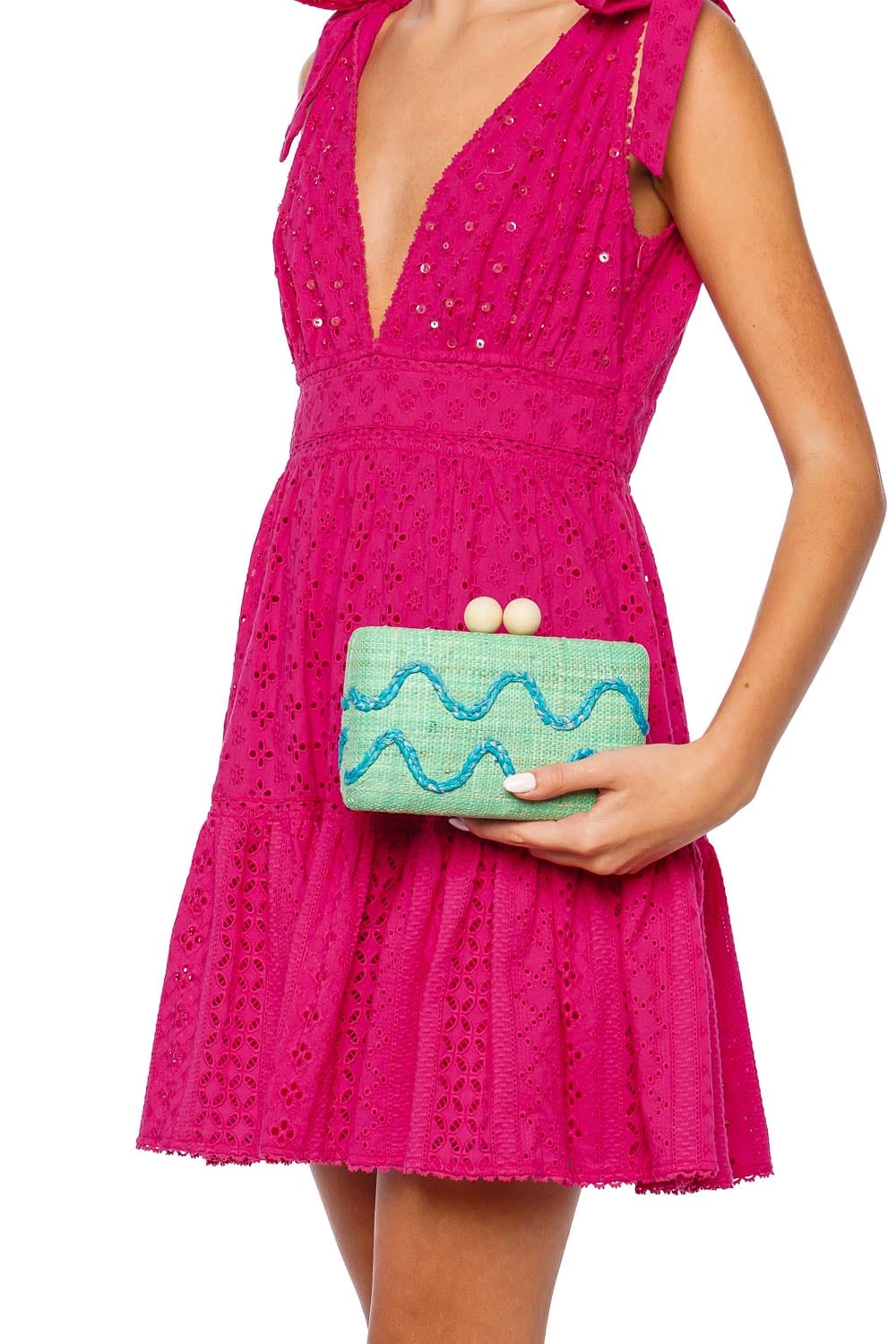 KAYU Thierra Green Embroidered Straw Clutch