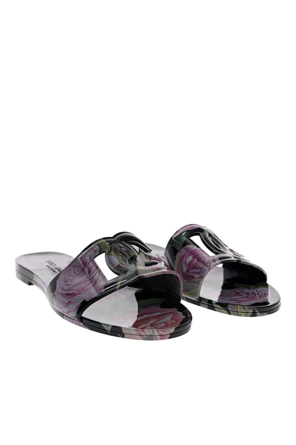 Dolce & Gabbana Black Floral Logo Rubber Beachwear Sliders