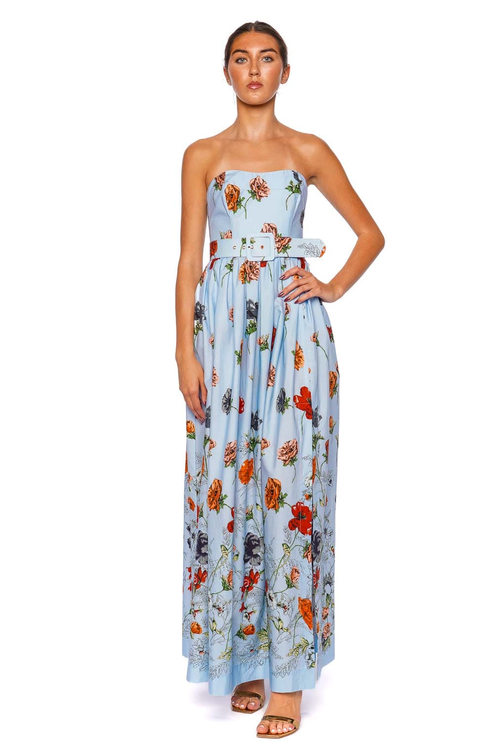 Cara Cara Greenfield Strapless Floral Belted Gown