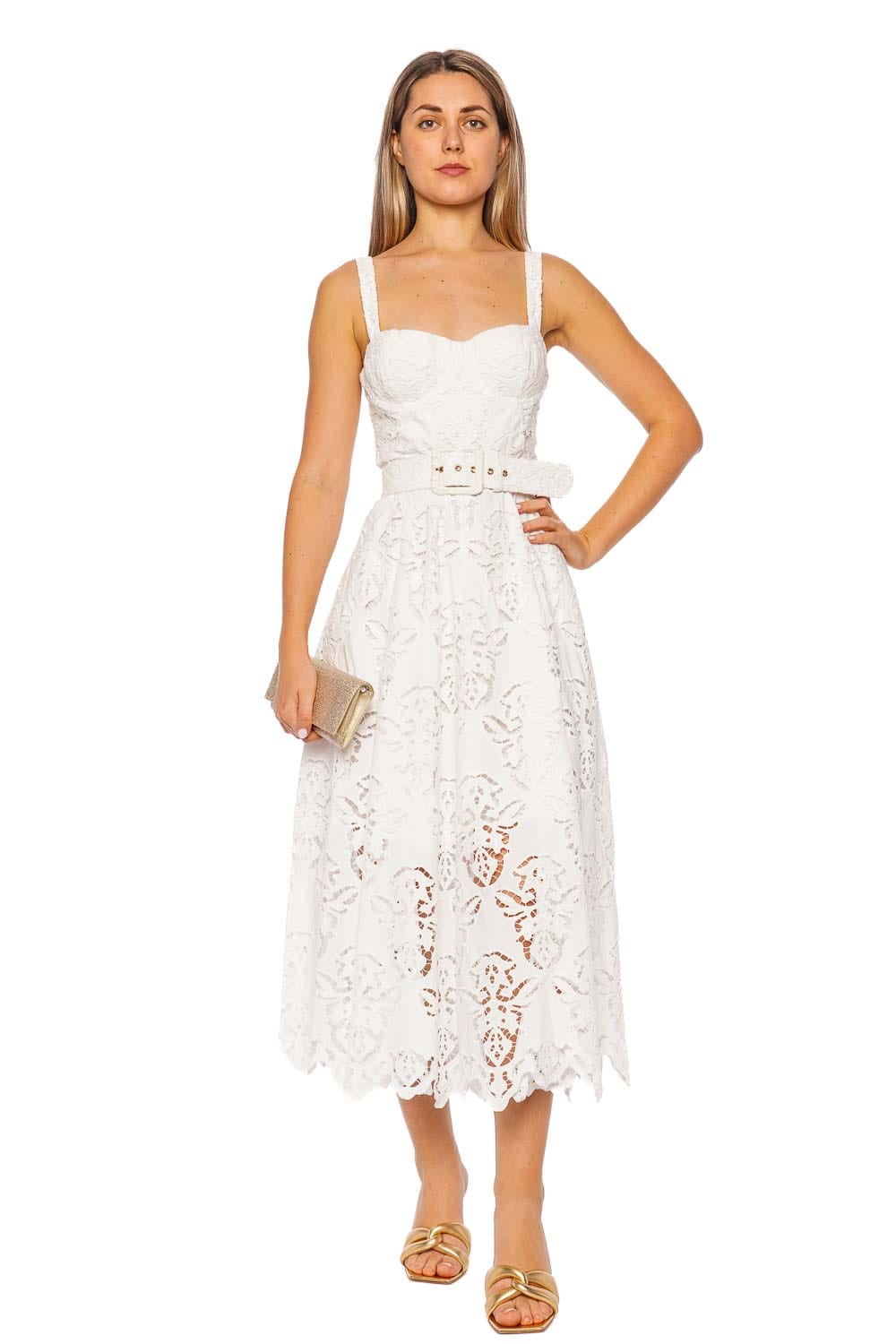 Cara Cara Calypso Embroidered Eyelet Belted Midi Dress