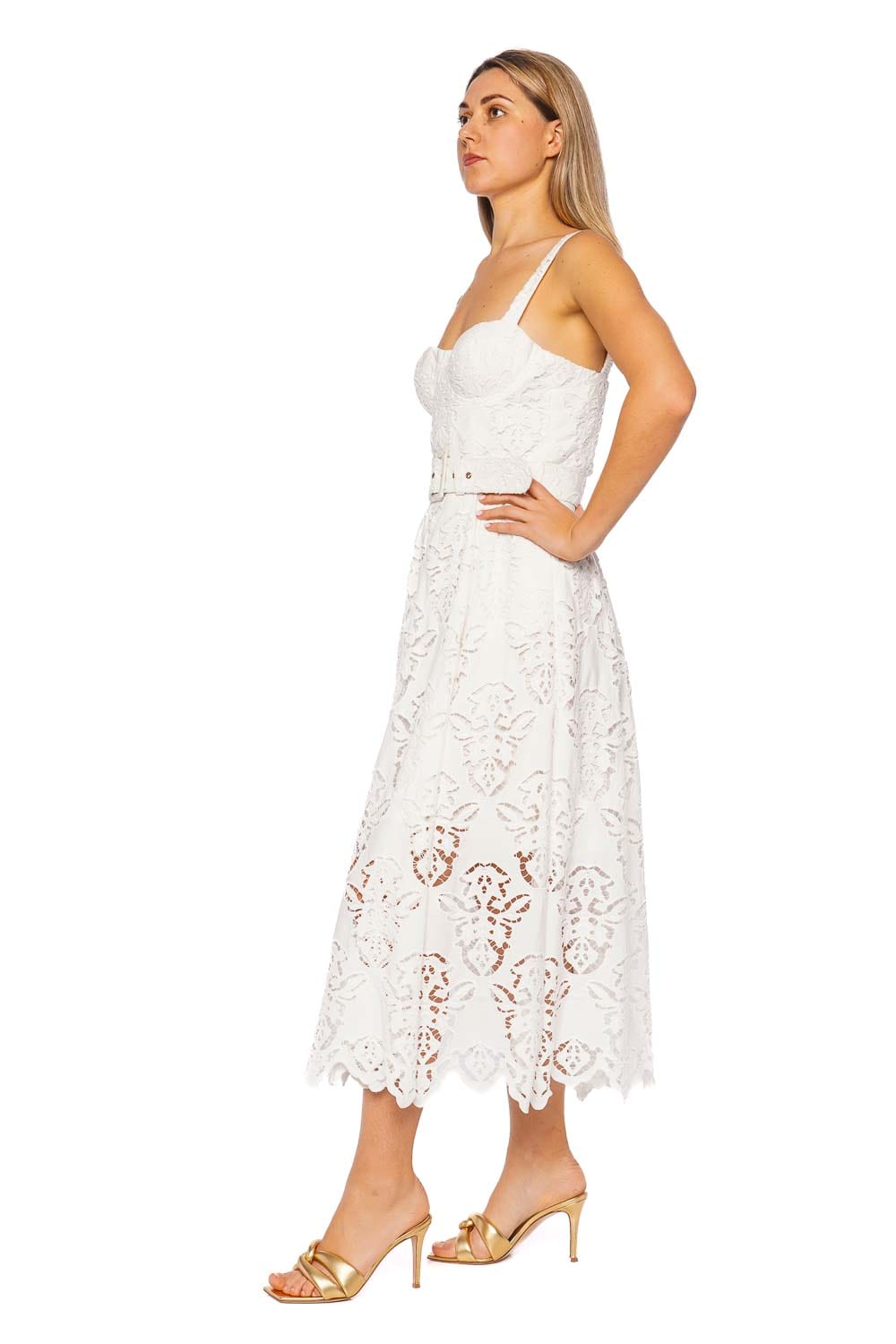 Cara Cara Calypso Embroidered Eyelet Belted Midi Dress