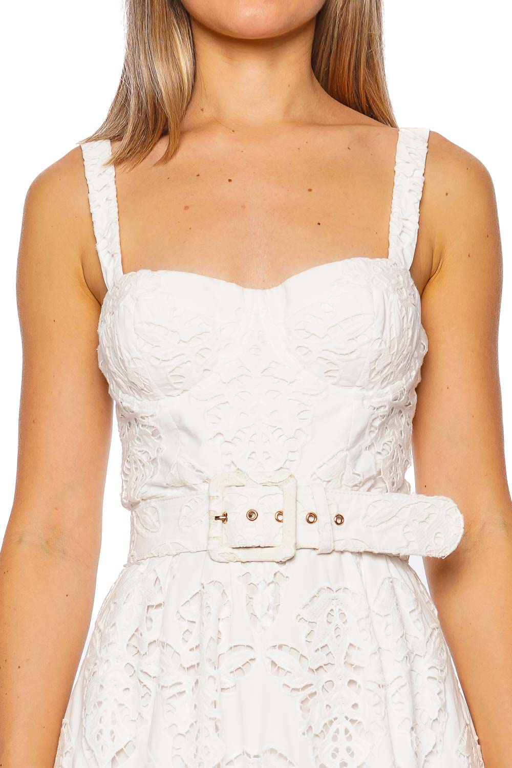 Cara Cara Calypso Embroidered Eyelet Belted Midi Dress