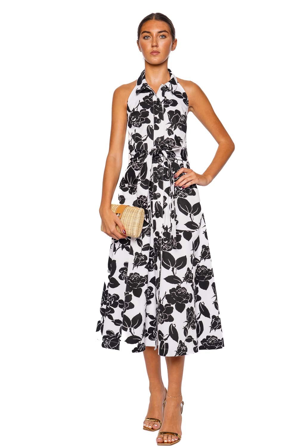 Carolina Herrera Floral Halter Tie Waist Midi Dress