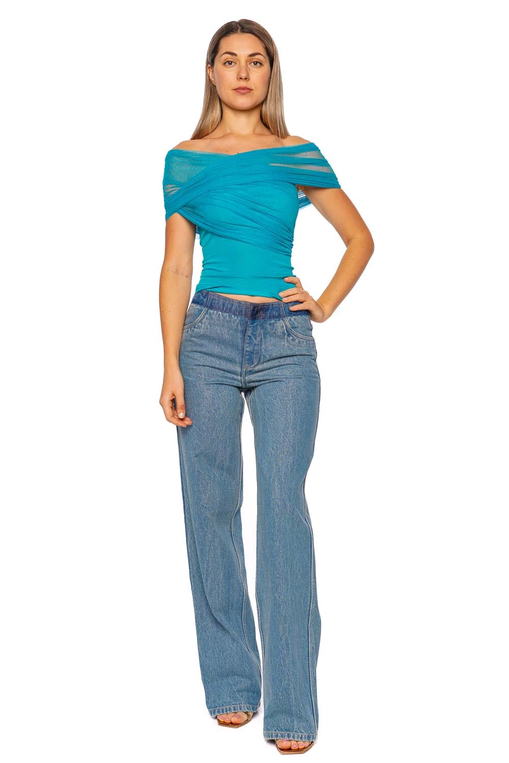 Christopher Esber Teal Crossed Tulle Ribbed Top