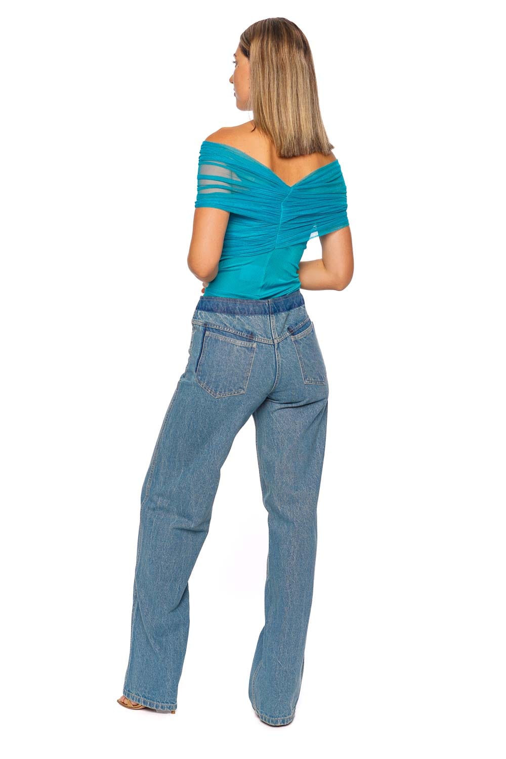 Teal Crossed Tulle Ribbed Top