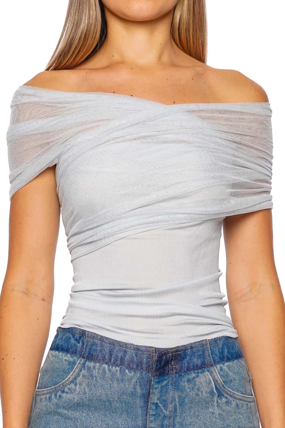 Clear Blue Cross Tulle Ribbed Top