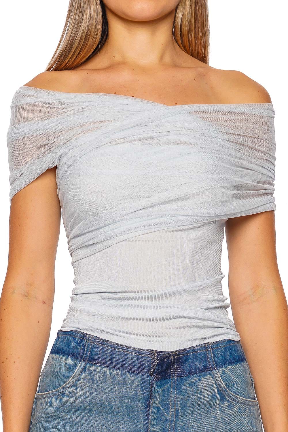 Christopher Esber Clear Blue Cross Tulle Ribbed Top