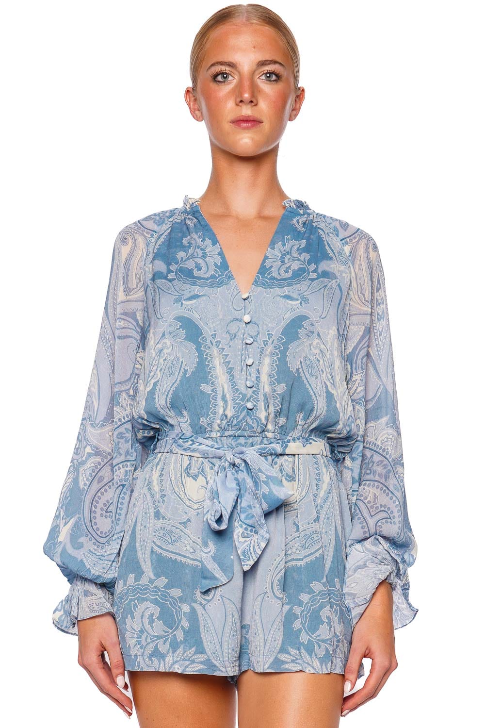 Hemant and Nandita Fiza Blue Paisley Belted Romper