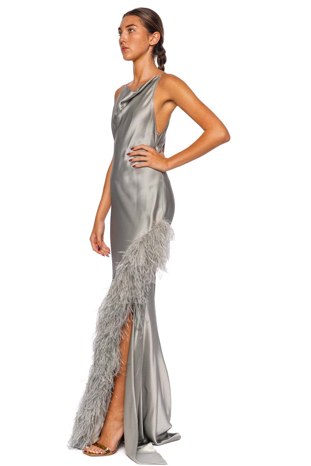 LAPOINTE Jade Feather Trim Satin Halter Gown