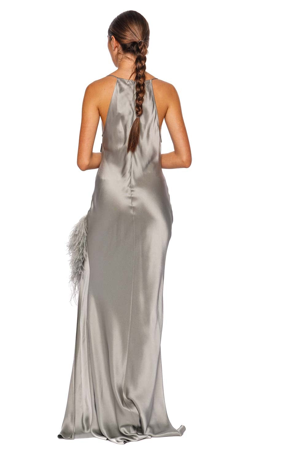 LAPOINTE Jade Feather Trim Satin Halter Gown