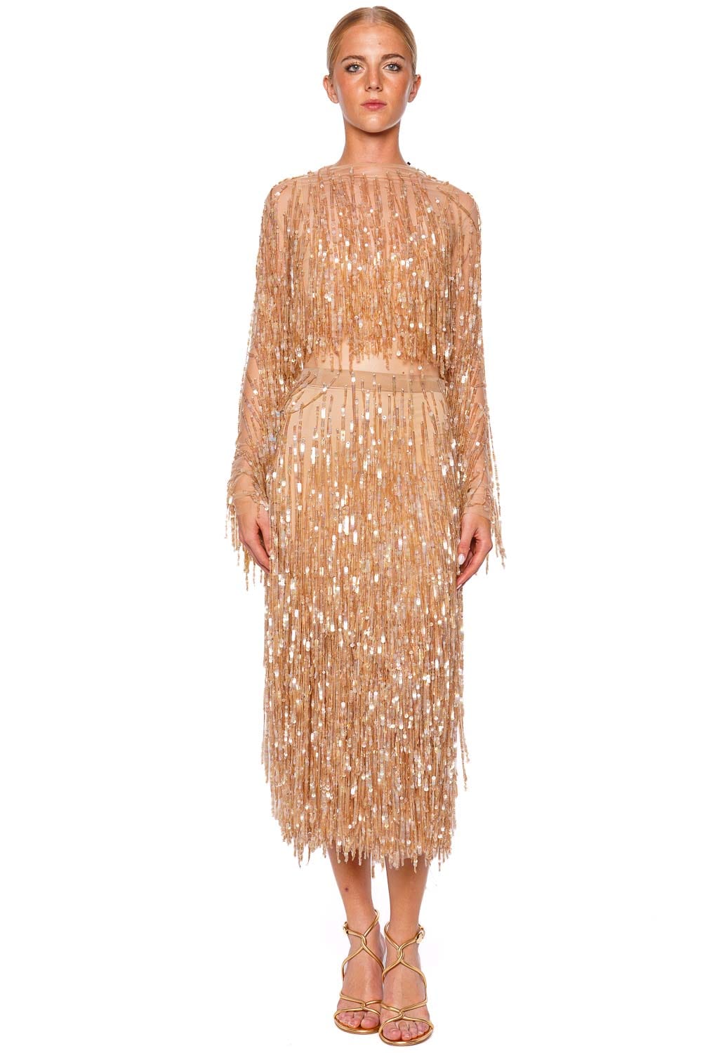 LAPOINTE Oat Fringe Sequin Pencil Midi Skirt