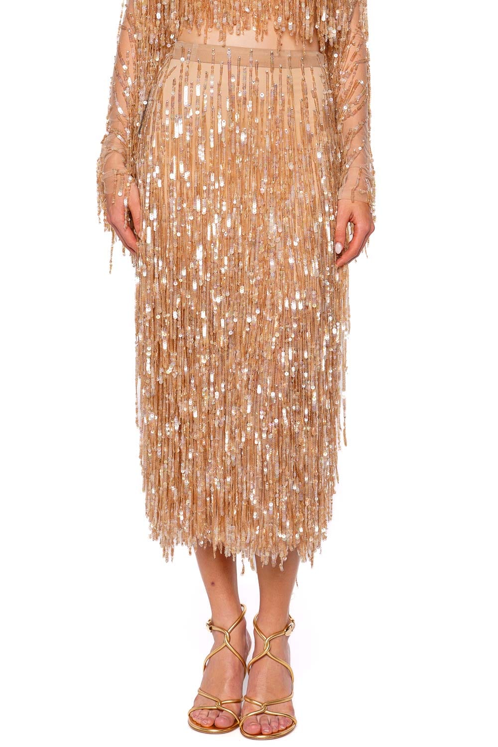 LAPOINTE Oat Fringe Sequin Pencil Midi Skirt