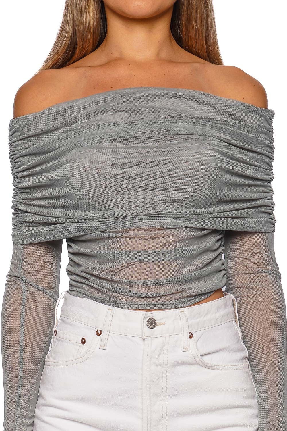 LAPOINTE Jade Mesh Off Shoulder Top