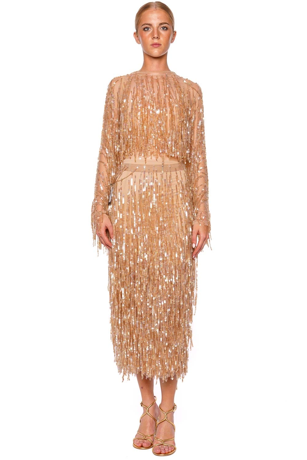 LAPOINTE Oat Fringe Sequin Cropped Top