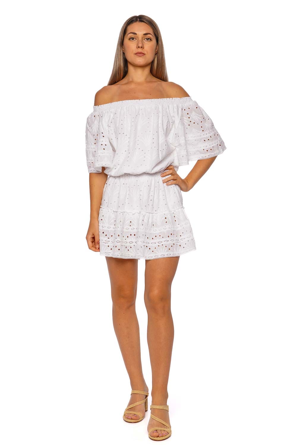 Melissa Odabash Micha White Embroidered Off Shoulder Cover Up