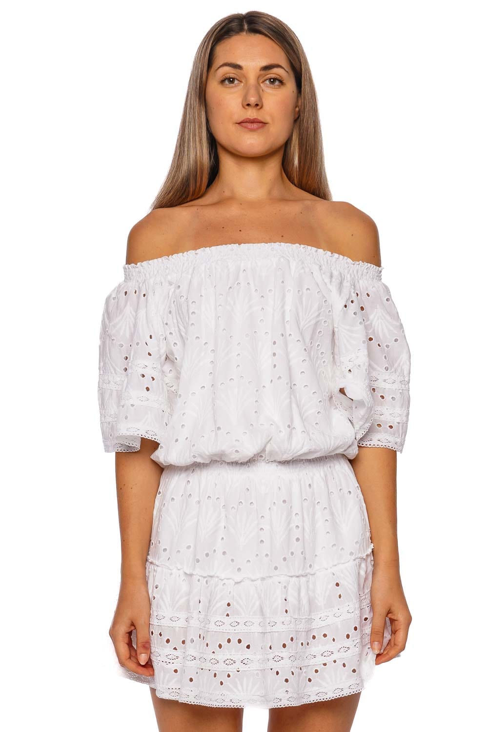 Melissa Odabash Micha White Embroidered Off Shoulder Cover Up