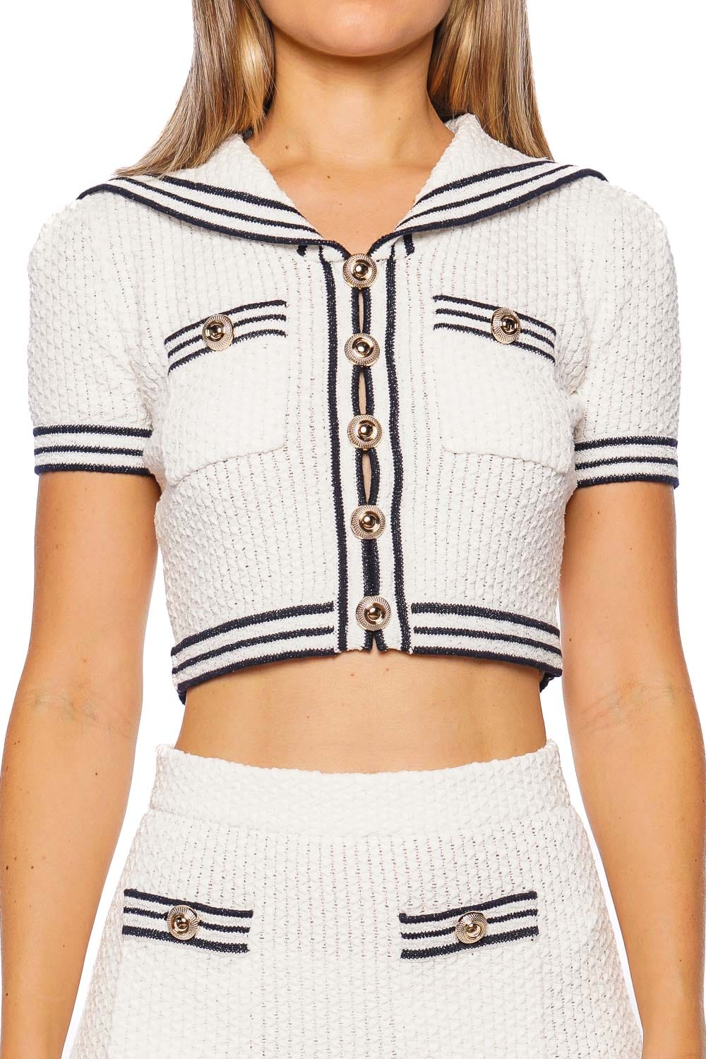 self-portrait White Nautical Textured Knit Top