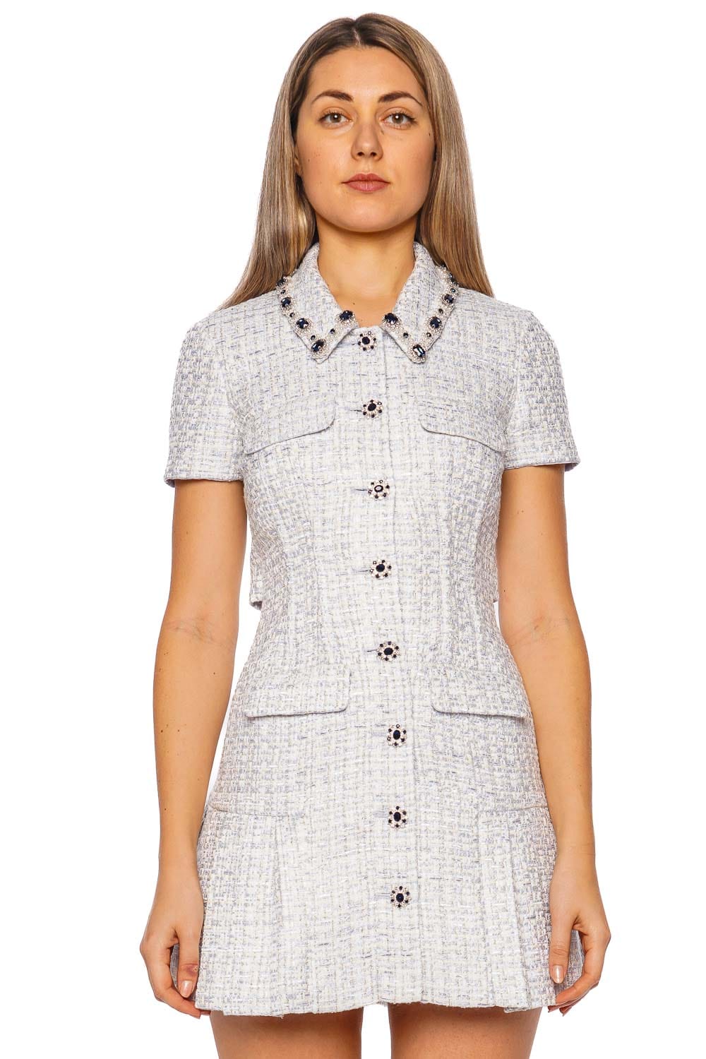 self-portrait Blue Embellished Bouclé Mini Dress