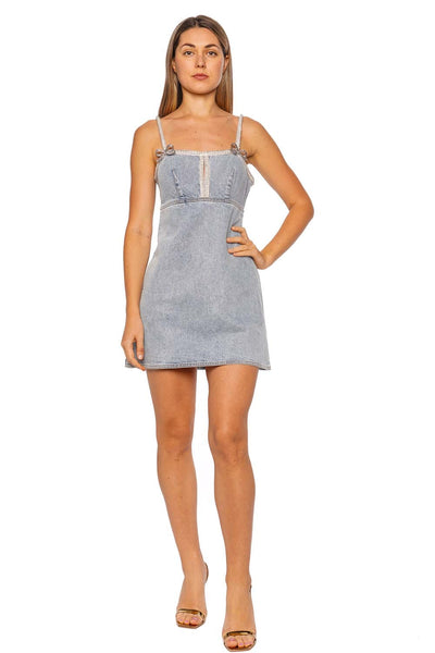 Denim Bow Pearl Embellished Mini Dress