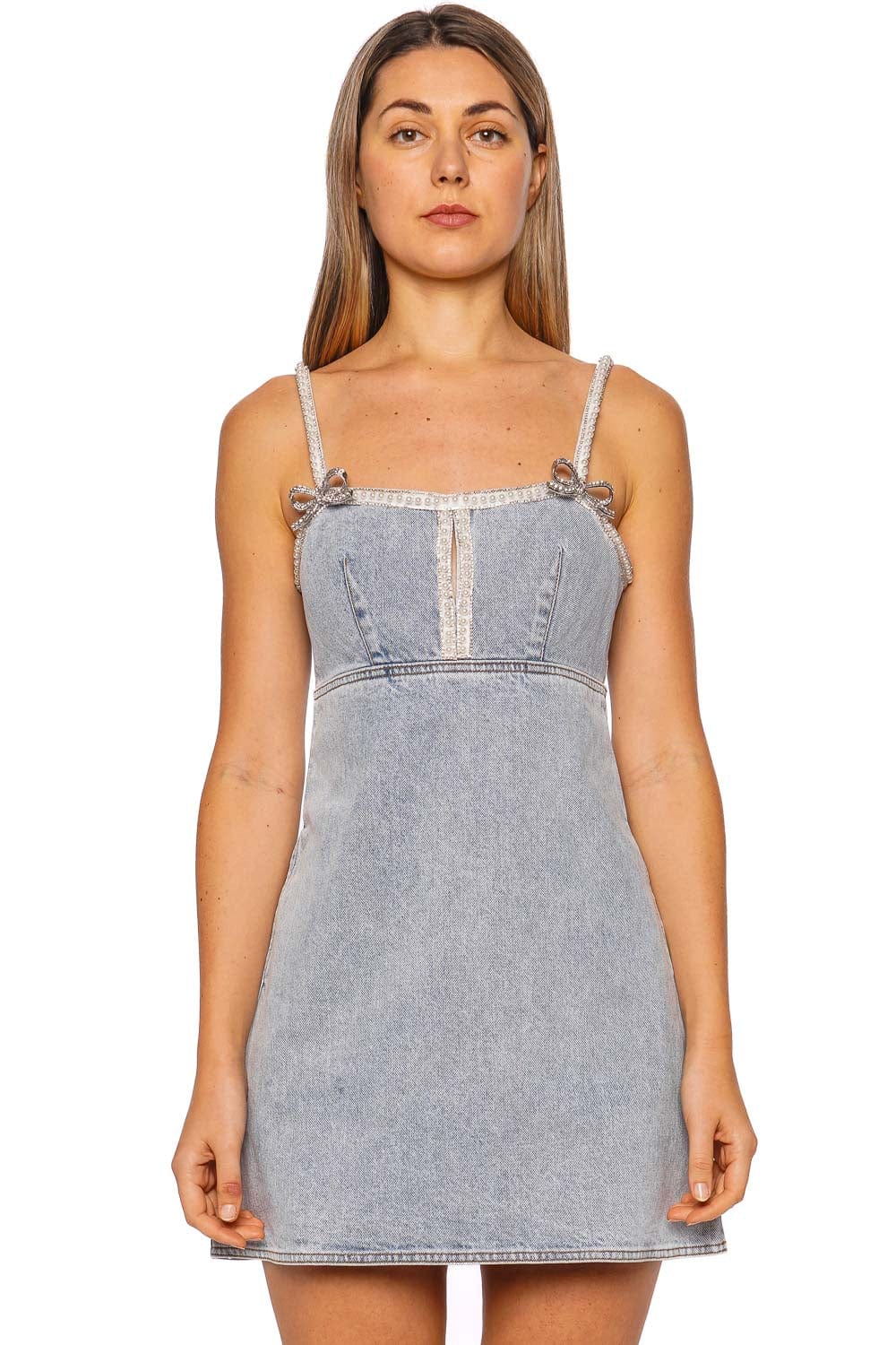 スカート 'Light Blue Denim Pearl Mini Dress' dress Light Blue Light Blue Denim Pearl Mini Dress – self-portrait-US