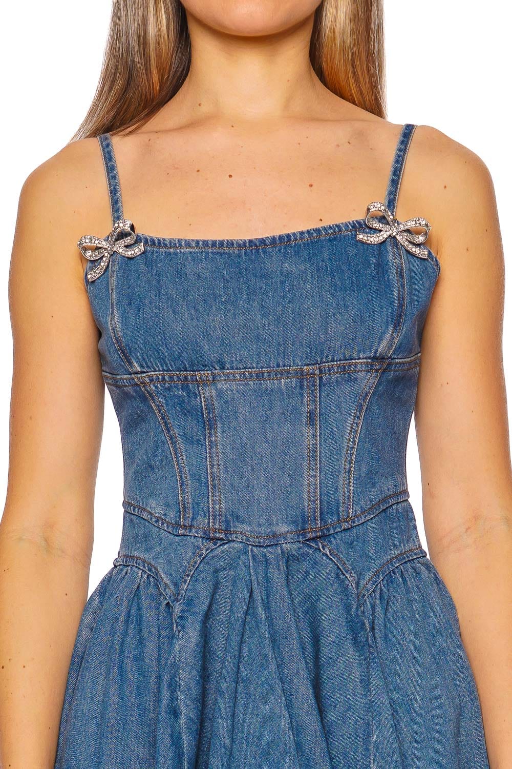 self-portrait Embellished Denim Flared Mini Dress